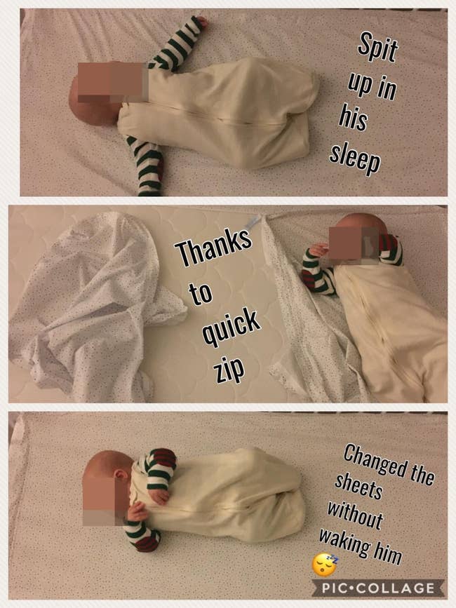 three photos of a reviewer's sleeping baby: the first says 