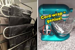 L: pairs of pants on a S-shaped hanger R: cord wrap on the side of a stand mixer