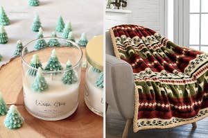 to the left: a winter candle with tiny trees inside of it, to the right: a reindeer print blanket