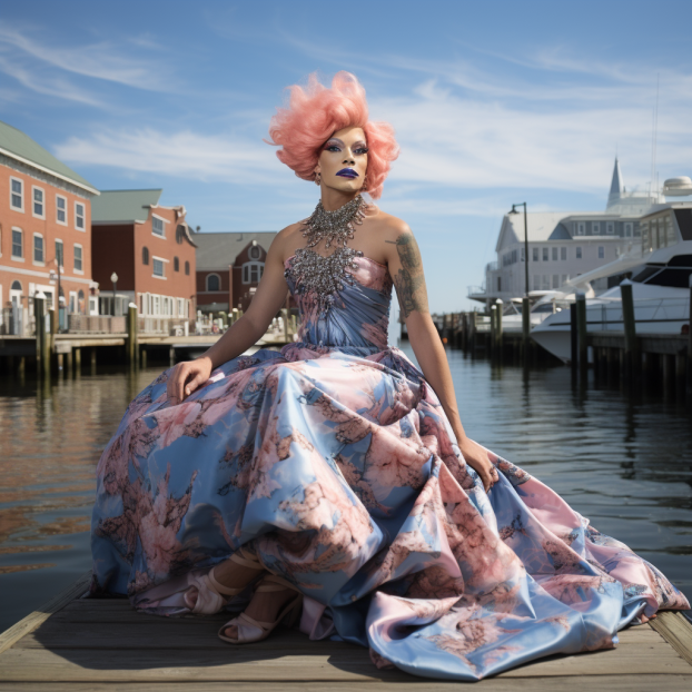 person by the water wearing a strapless floral gown with a statement necklace