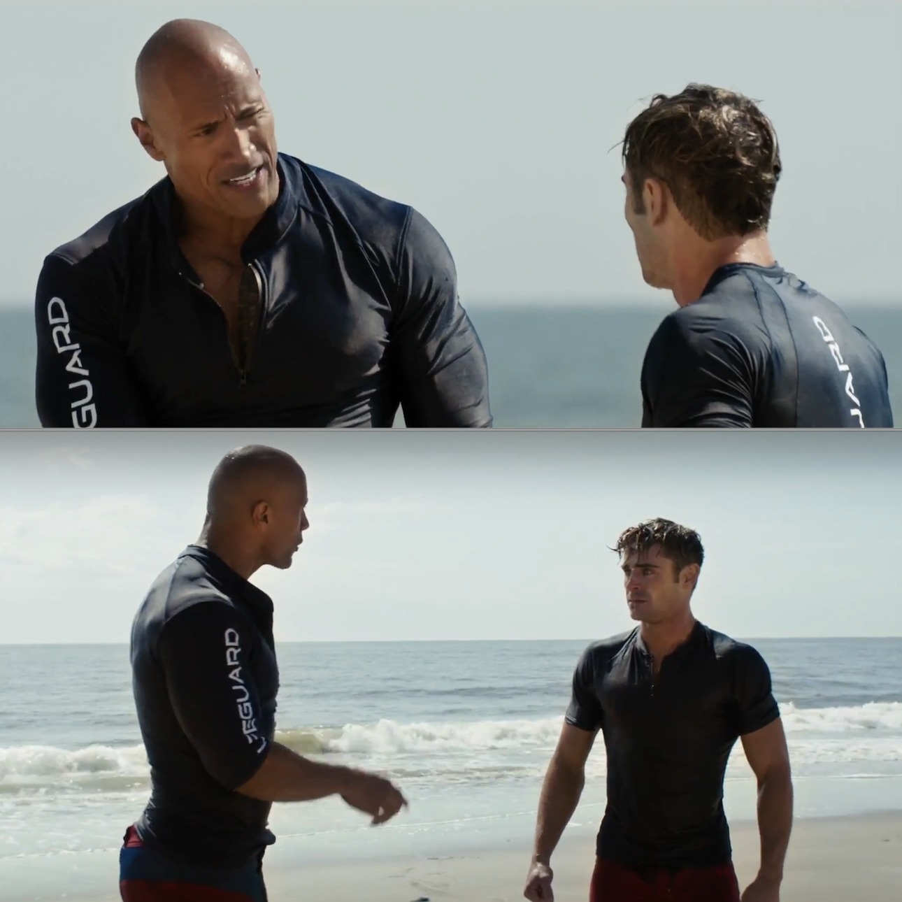 The Rock and Zac Efron standing next to each other at the beach