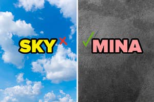 A cloudy sky with the name SKY over it, next to a separate image of a background with the image that says MINA over it
