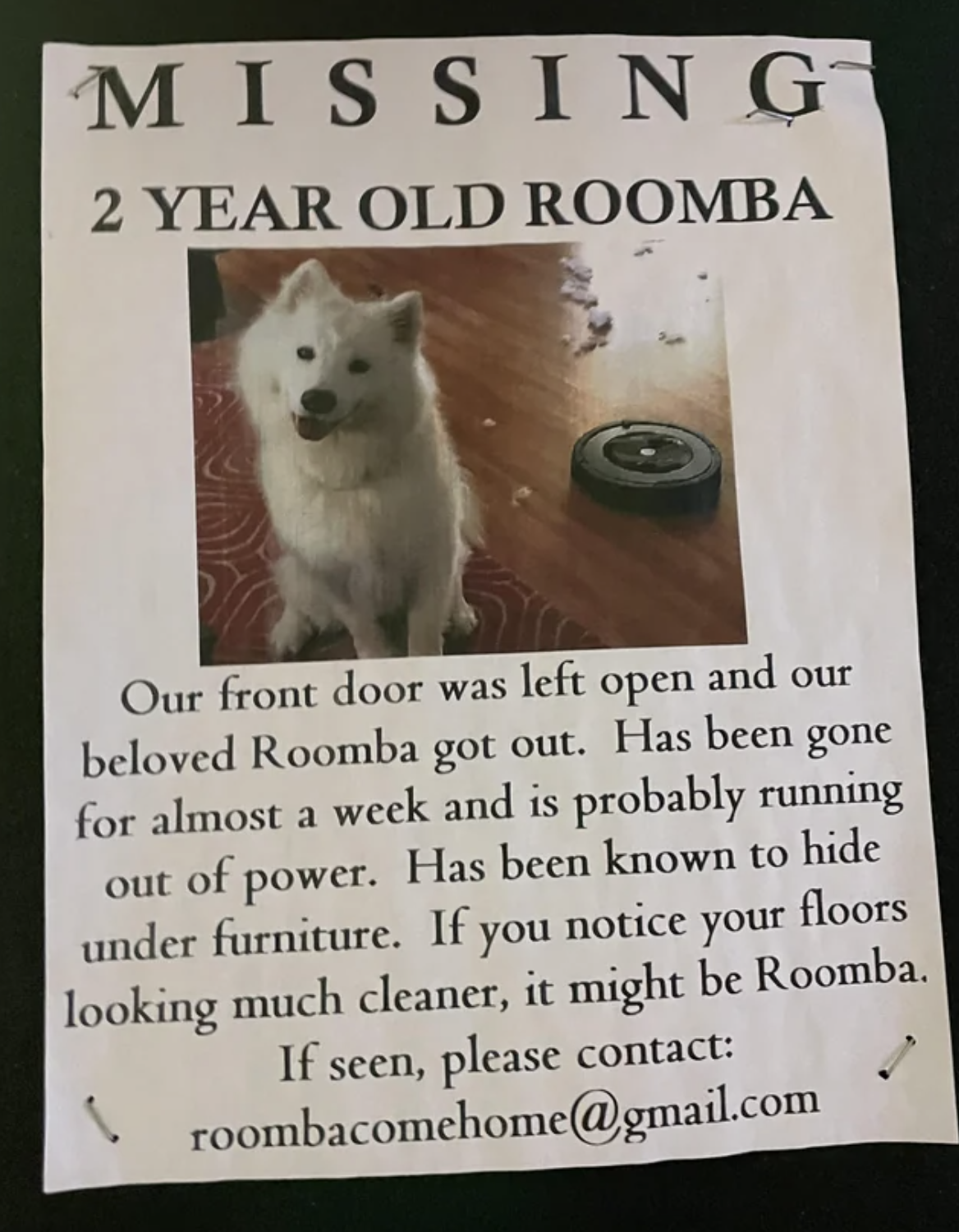 missing sign for a roomba