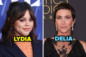 Jenna Ortega on a red carpet with the name "Lydia" over her image, next to a separate image of Kristen Wiig on a red carpet with the name DELIA over it