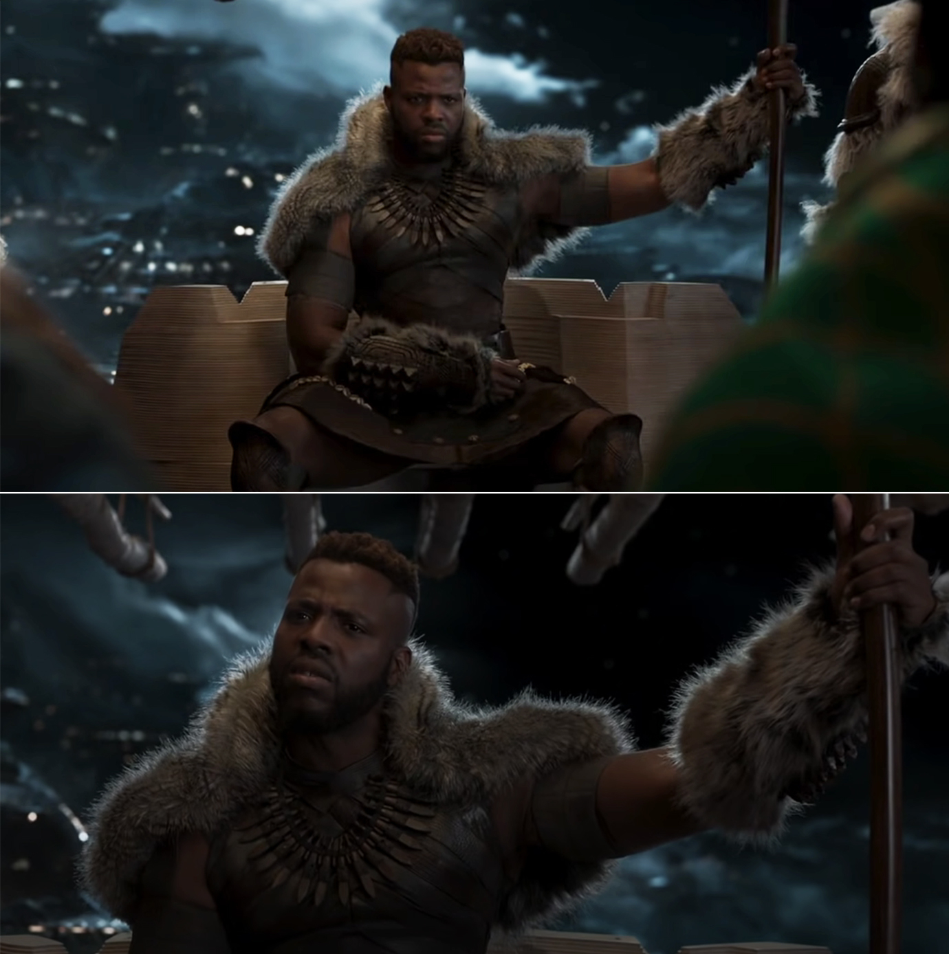 M&#x27;Baku, sitting on his throne in &quot;Black Panther,&quot; while covered in animal fur