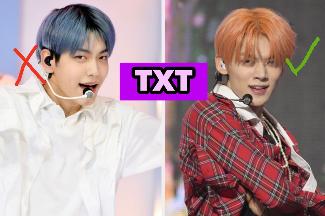 Two singers from the band TXT sing onstage.