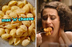 On the left, some mac and cheese shells, and on the right, Ilana from Broad City oepning her mouth wide to eat some pasta