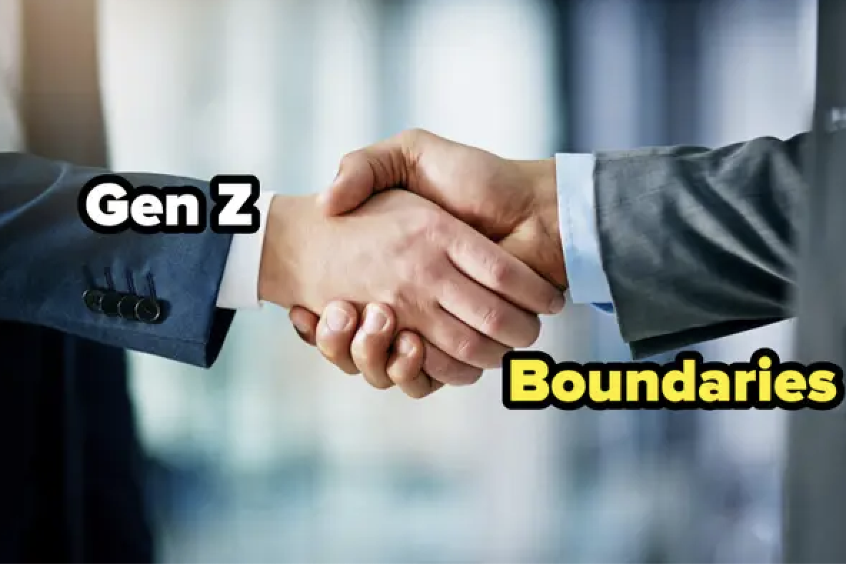 An arm representing Gen Z shaking hands with &quot;boundaries&quot; in the form of another human being&#x27;s arm