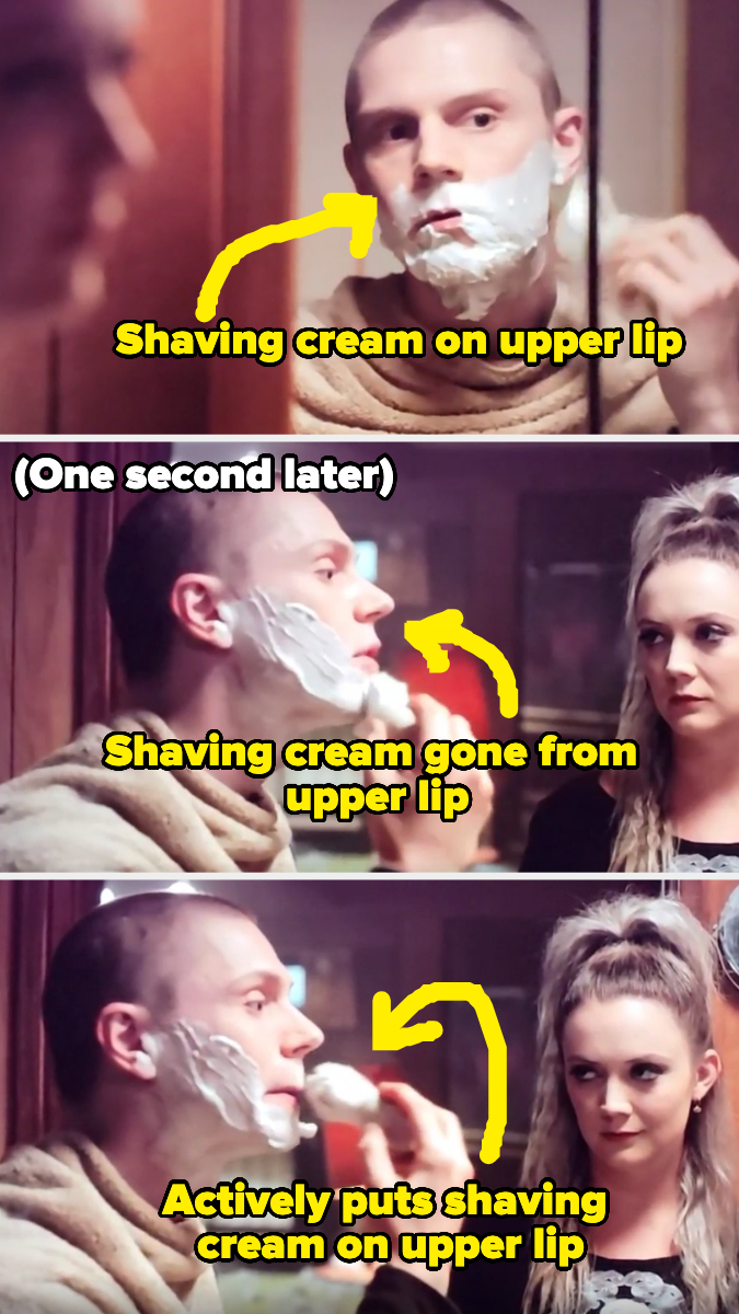shaving cream in one scene and then gone in the other