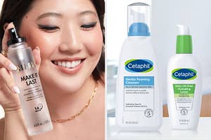 on left: model wearing Milani makeup setting spray, on right: bottles of Cetaphil gentle foaming cleanser and hydrating lotion