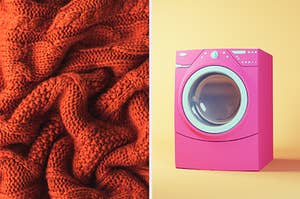 A knit blanket next to a separate image of a washing machine