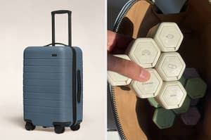 the light blue suitcase  / model's hand pulls out same capsules all stacked together in a white color from cosmetics bag