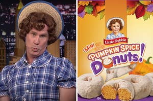 Will Ferrel dressed as Little Debbie and Little Debbie Pumpkin Spice Donuts.