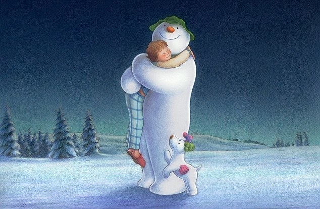 An animated snowman hugs a child as a snowdog jumps.