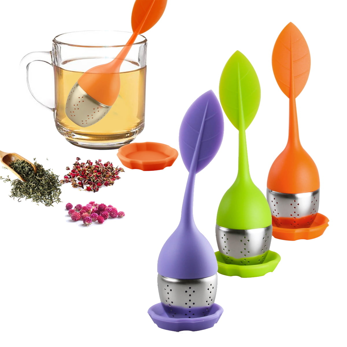 three silicone tea infusers on a white background, placed next to a cup of tea and loose tea leaves