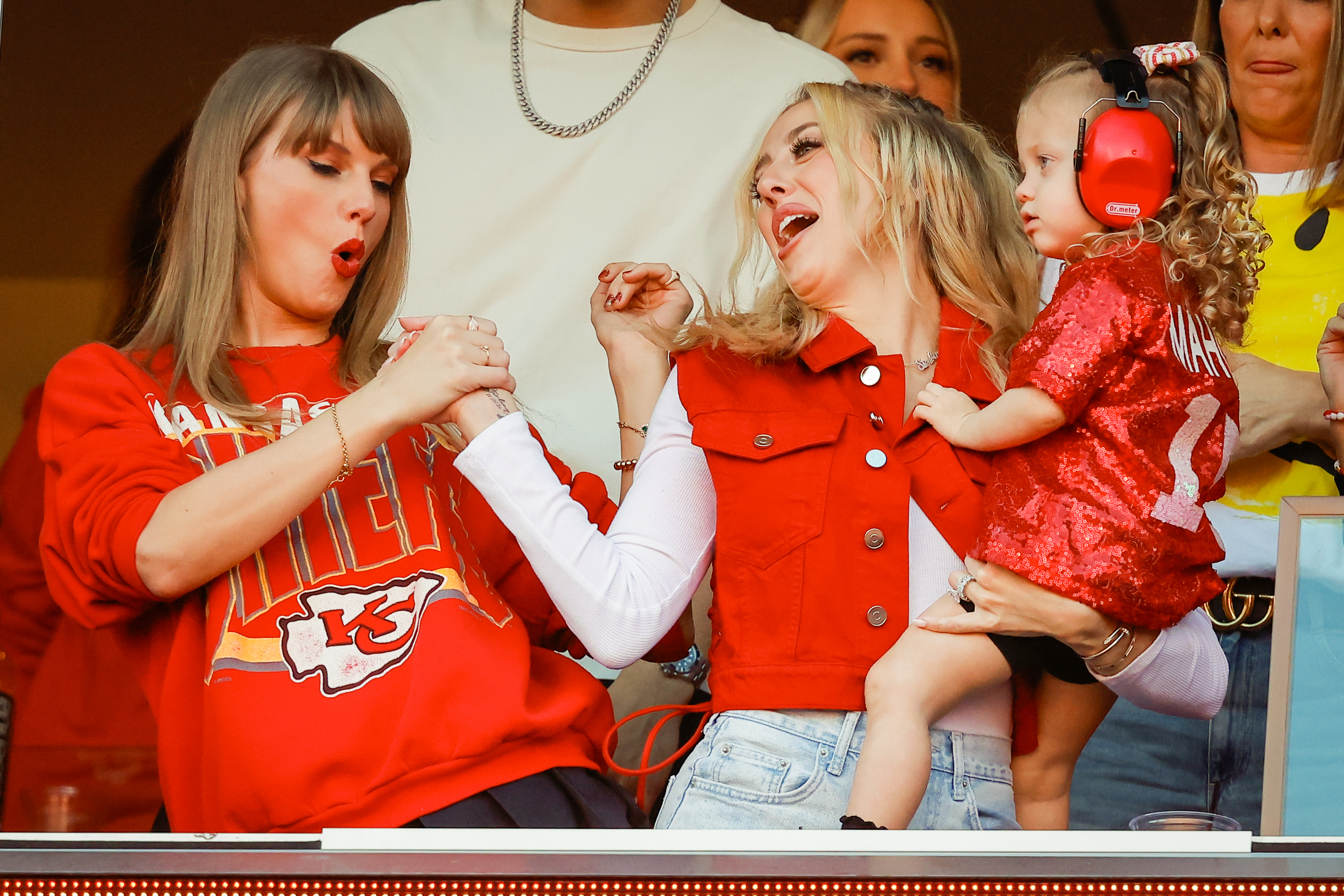 Closeup of Taylor Swift and Brittany Mahomes celebrating