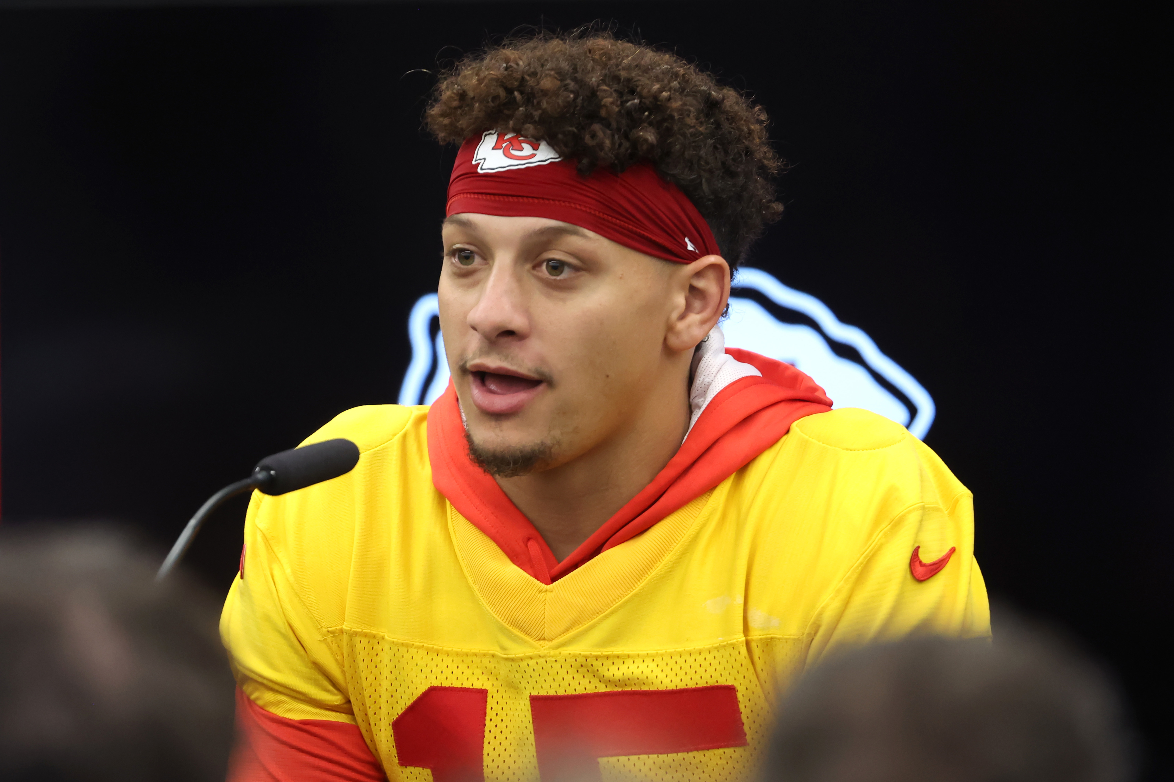 Closeup of Patrick Mahomes speaking at a press conference