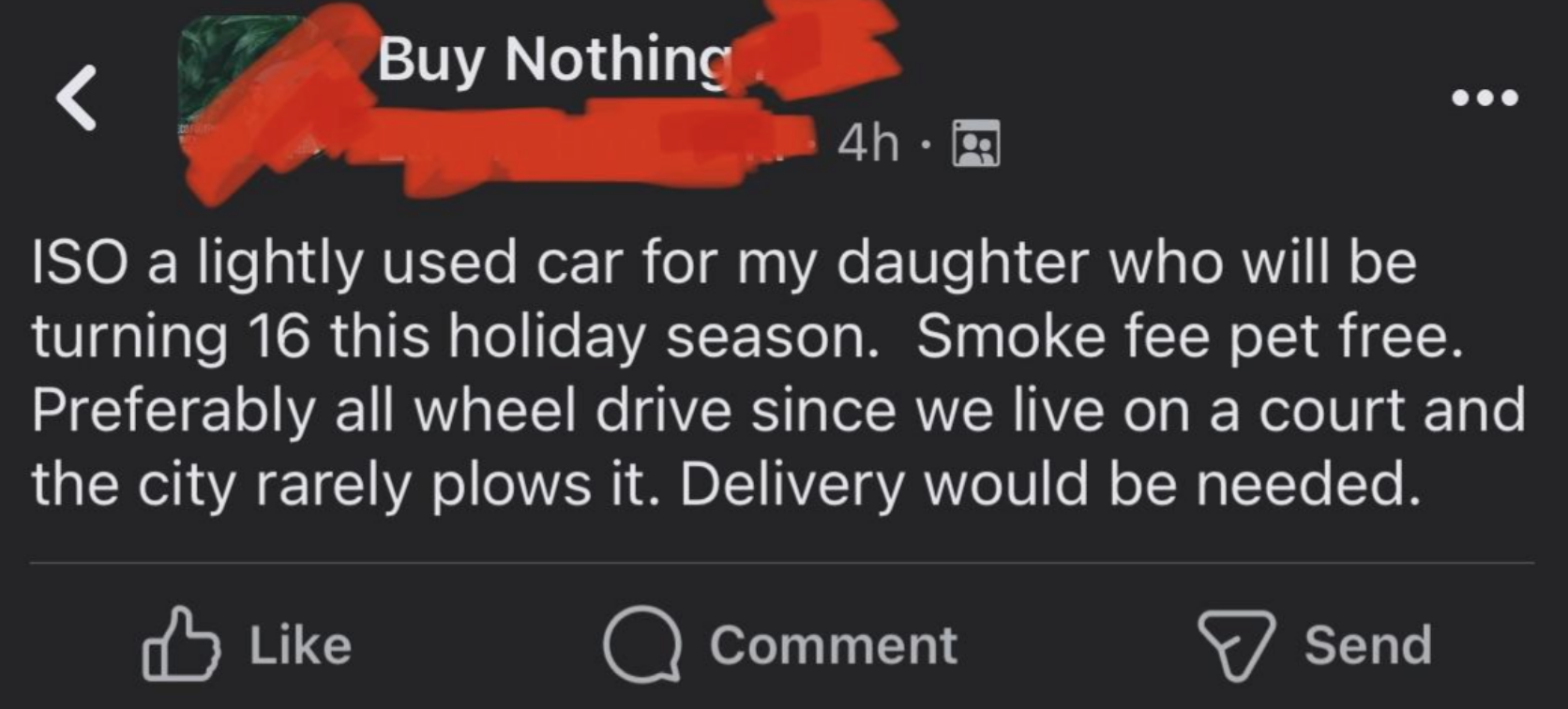 &quot;ISO a lightly used car for my daughter...&quot;