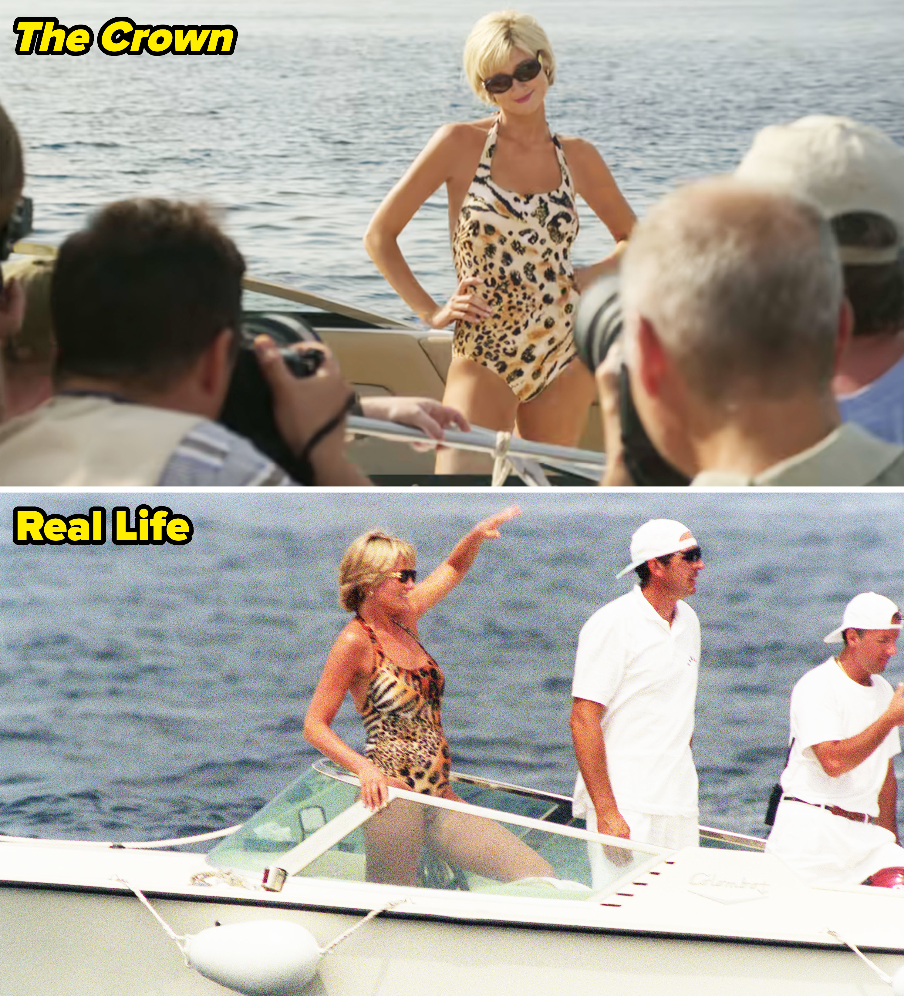 Side-by-sides of Princess Diana on a boat while on vacation