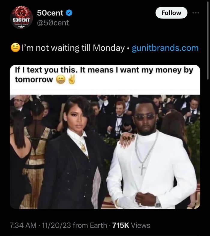 50 Cent Shares 'I Want My Money By Tomorrow' Meme of Cassie and Diddy ...