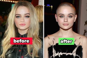 Joey King with long, blonde hair before, then a barely-there buzzcut after