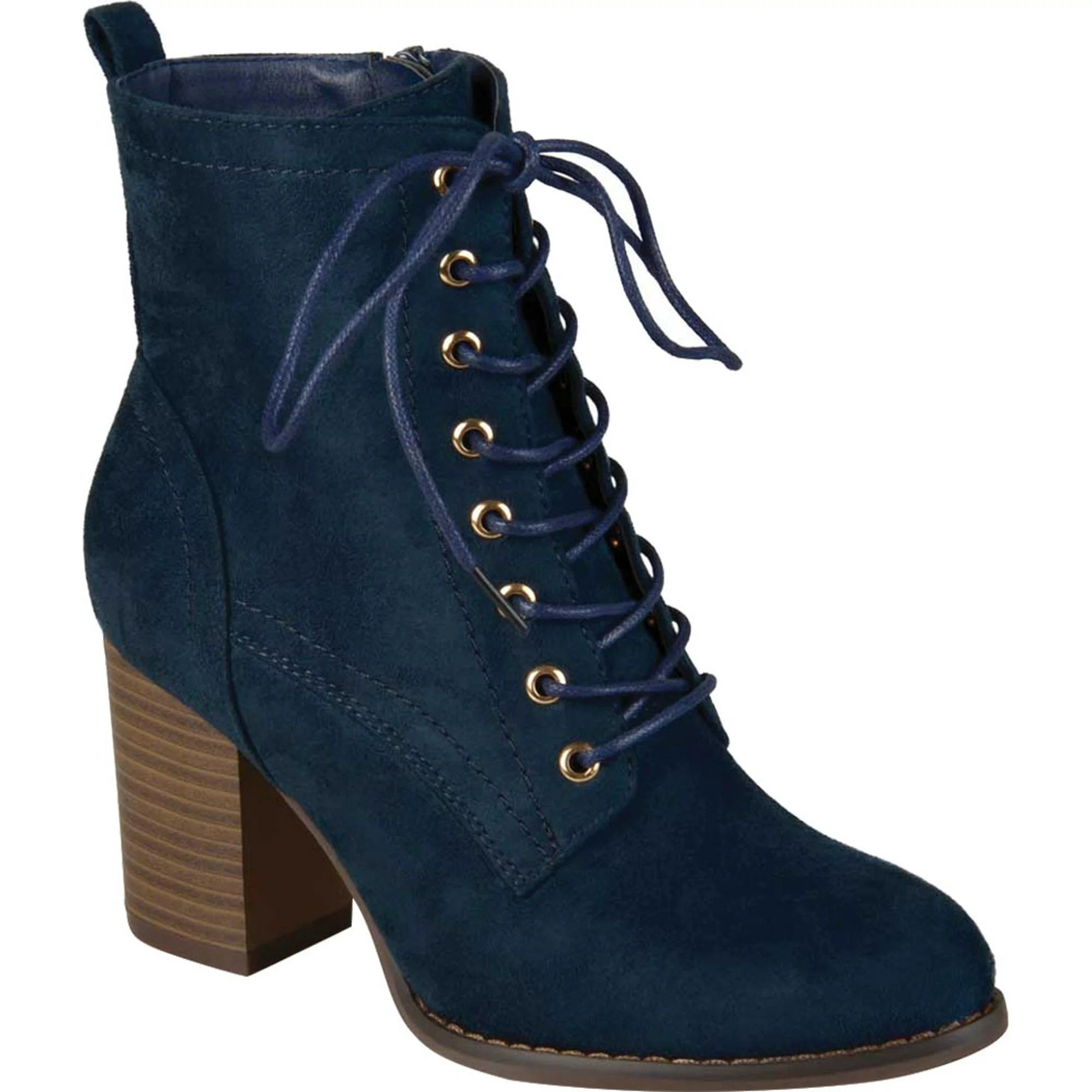 The heeled lace-up boot in a dark blue color with a side zip