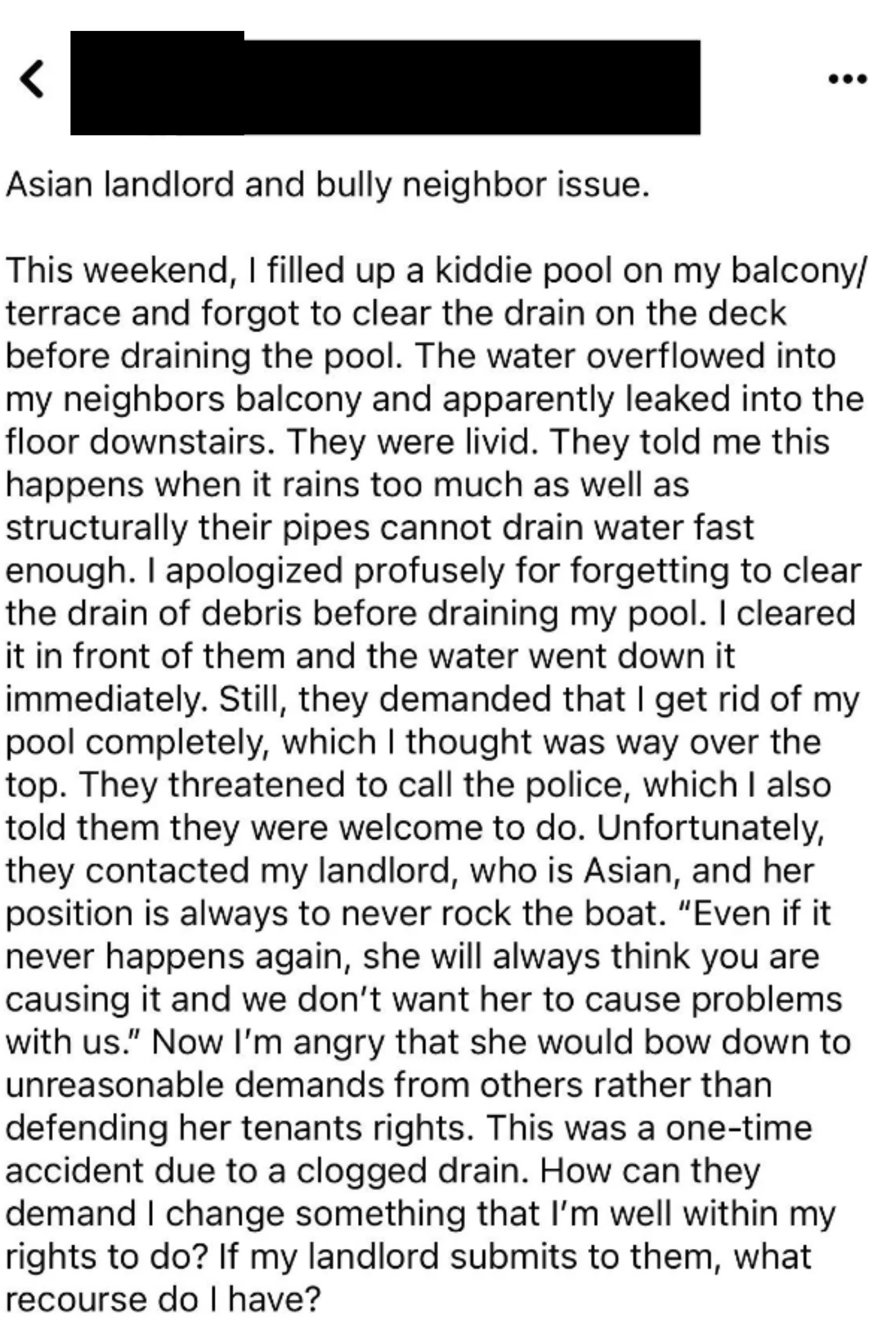 &quot;Asian landlord and bully neighbor issue&quot;