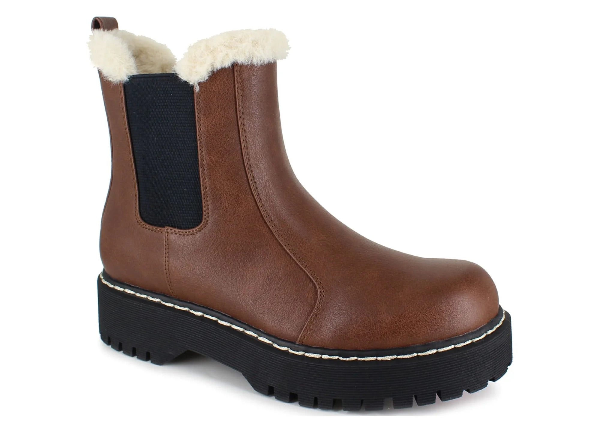 The boot in brown with cream fur trim and contrast stitching
