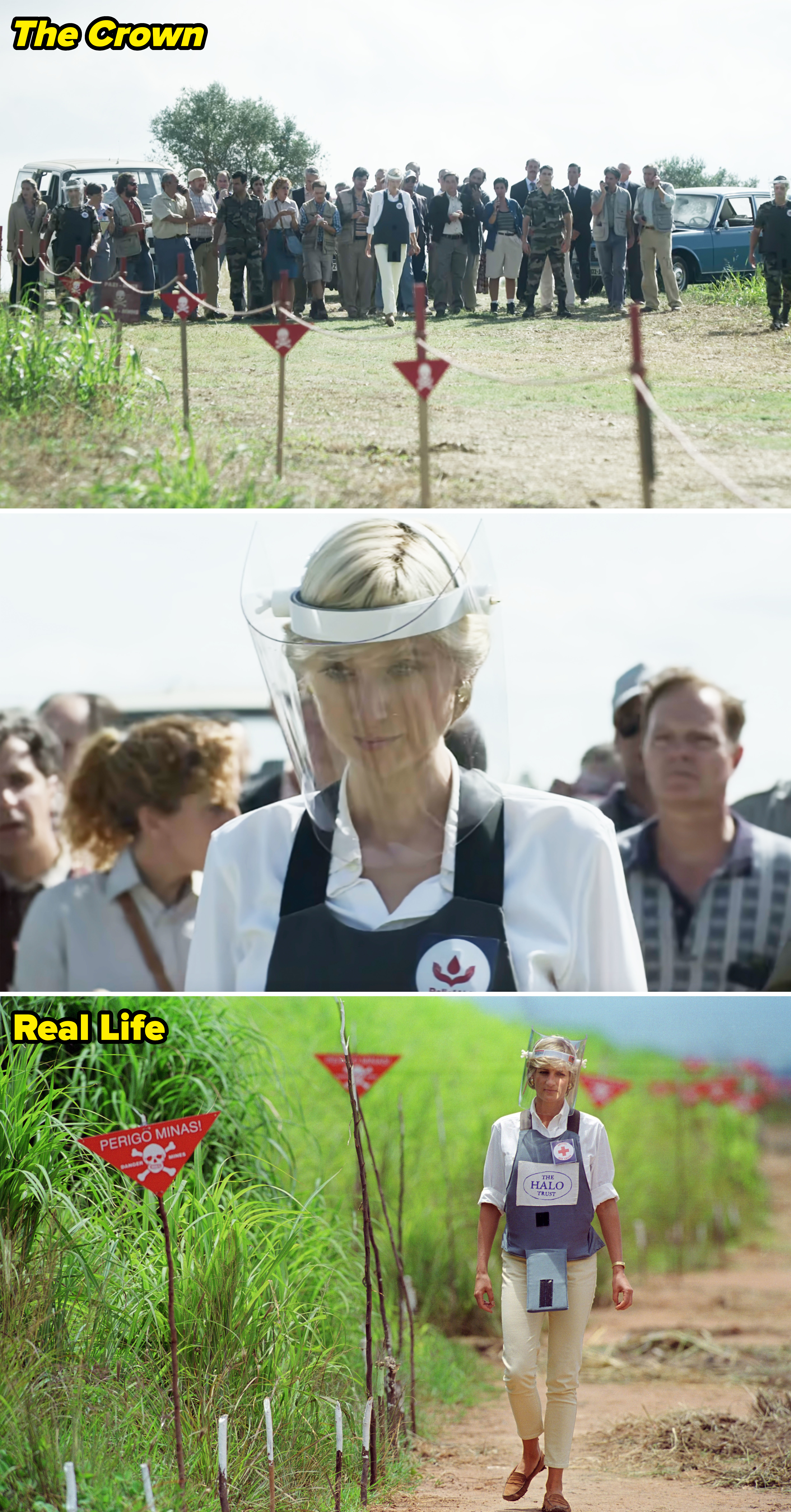 Side-by-sides of Princess Diana walking in a minefield