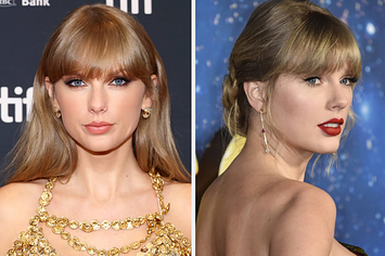 Taylor Swift on the red carpet vs a closeup of Taylor Swift