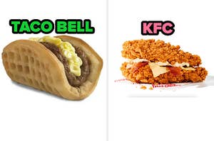 Taco with a waffle as the shell from Taco Bell next to a separate image of a sandwich with fried chicken instead of bread from KFC