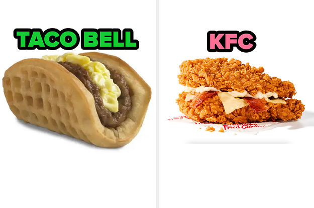 Taco with a waffle as the shell from Taco Bell next to a separate image of a sandwich with fried chicken instead of bread from KFC