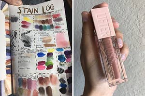 A page from Wreck This Journal and the reviewer holding Maybelline lip gloss