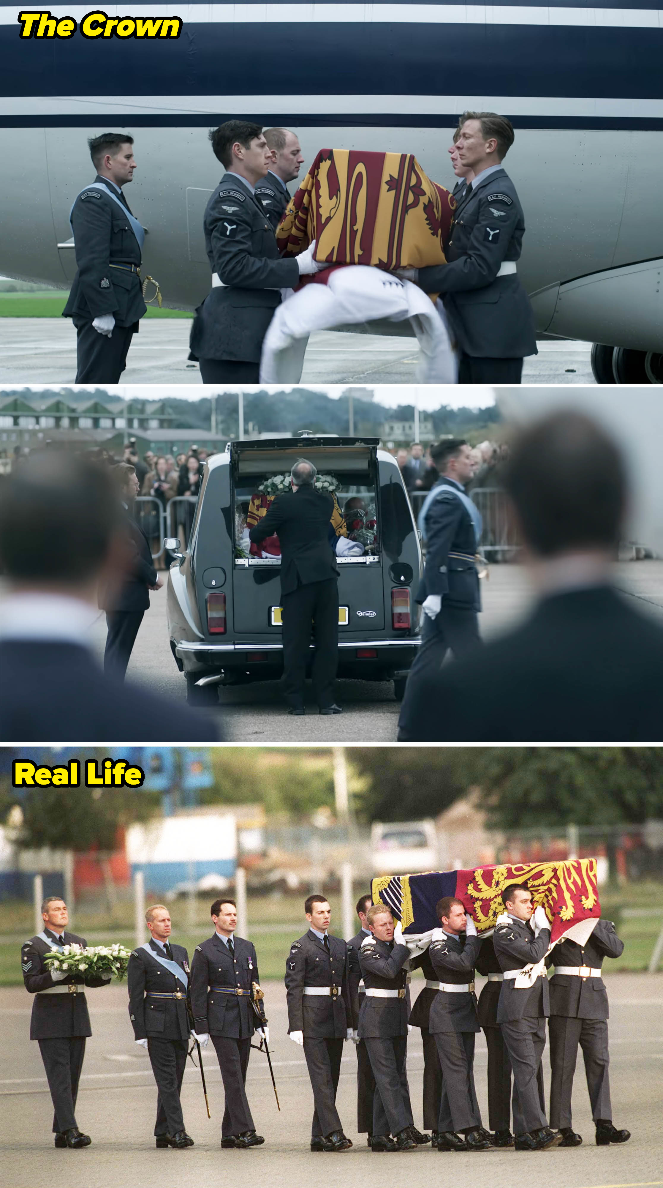 Side-by-sides of Diana&#x27;s coffin being carried