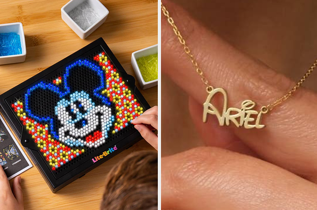 to the left: mickey lite brite, to the right: an ariel nameplate necklace in disney font