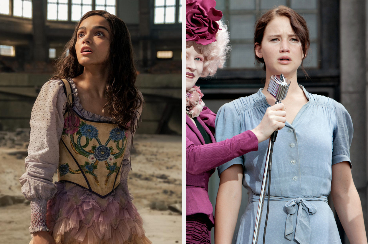 Side-by-sides of Lucy Gray and Katniss in their mother&#x27;s dresses
