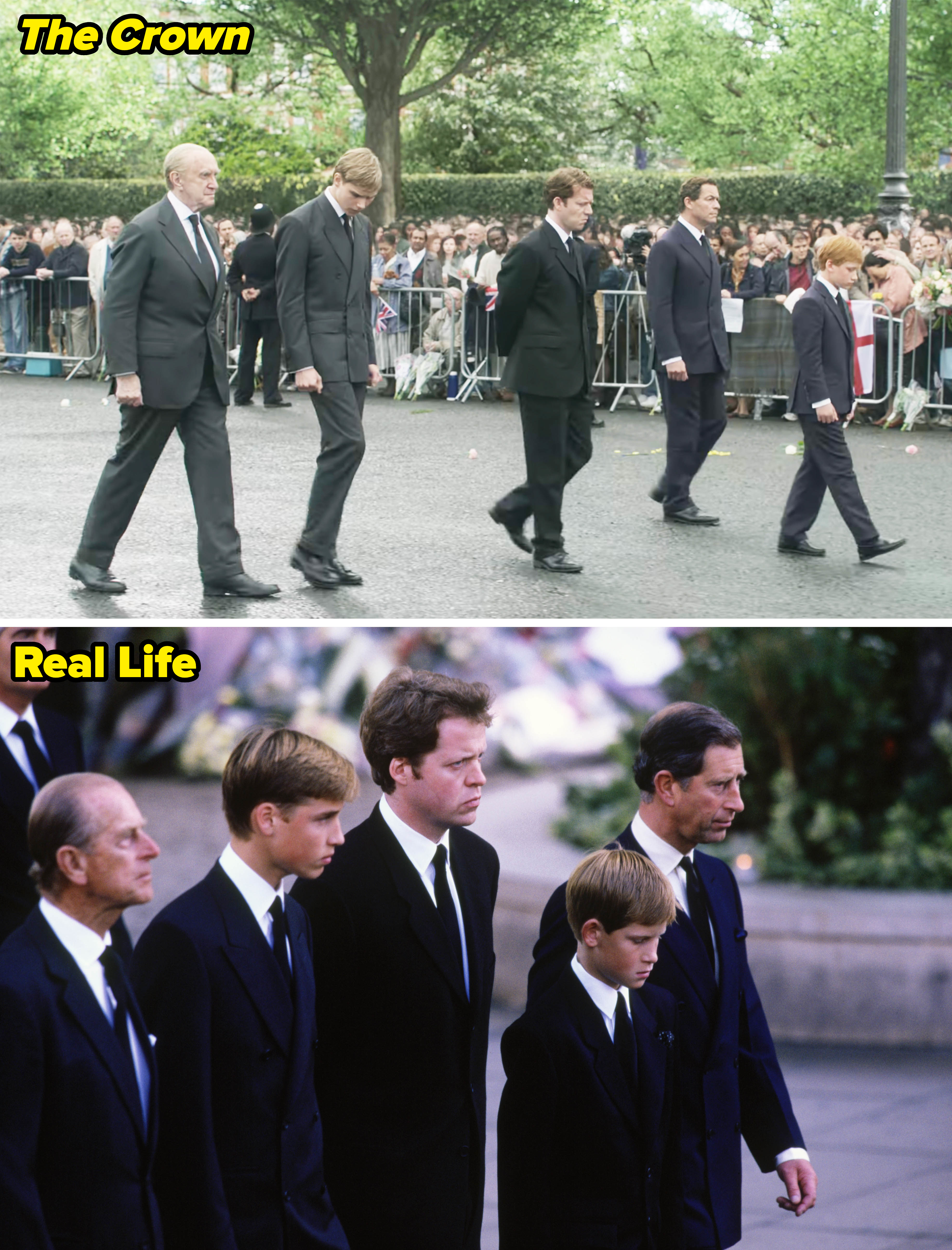 Side-by-sides of Diana&#x27;s family at her funeral