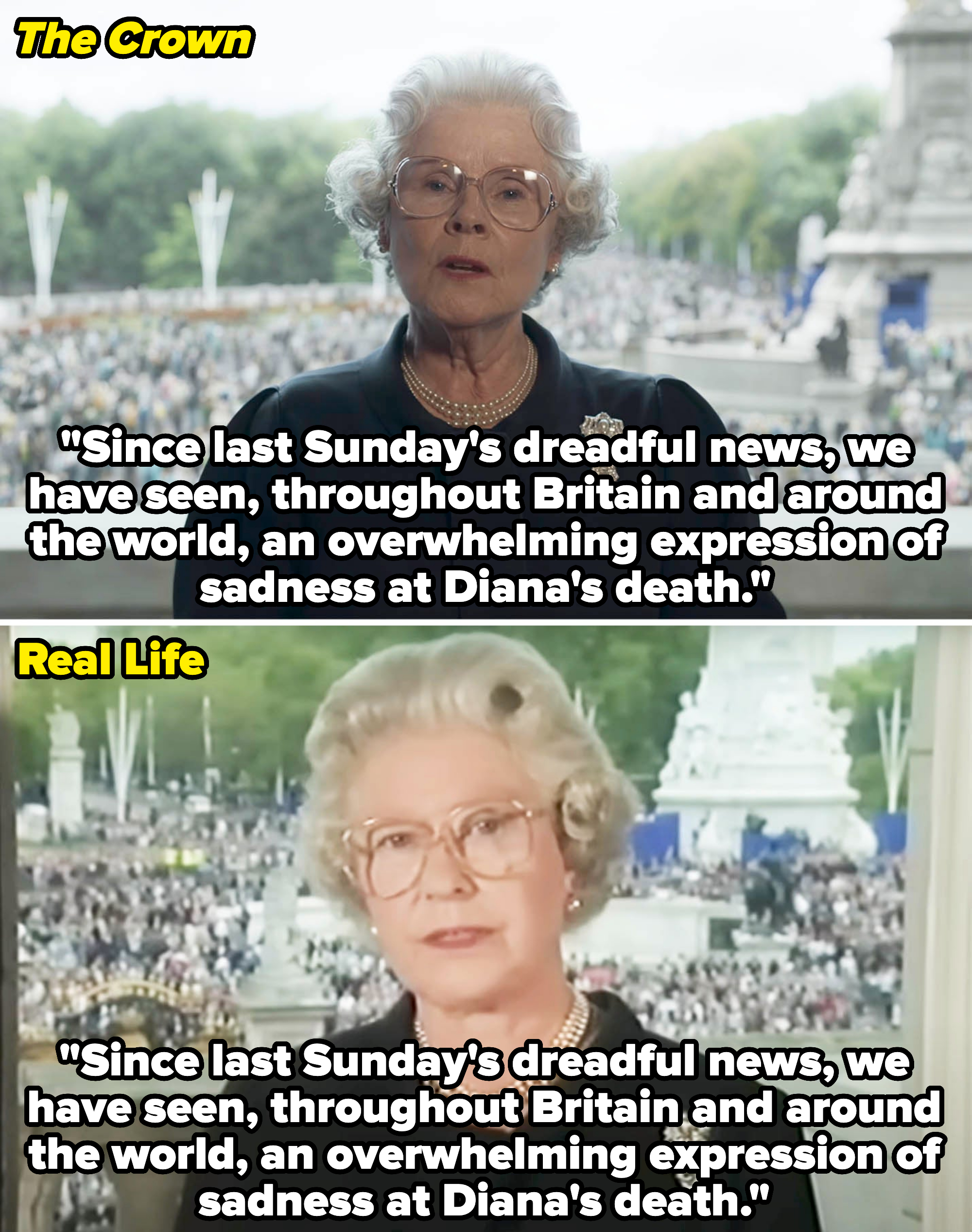 Side-by-sides of Queen Elizabeth expressing condolences for Diana