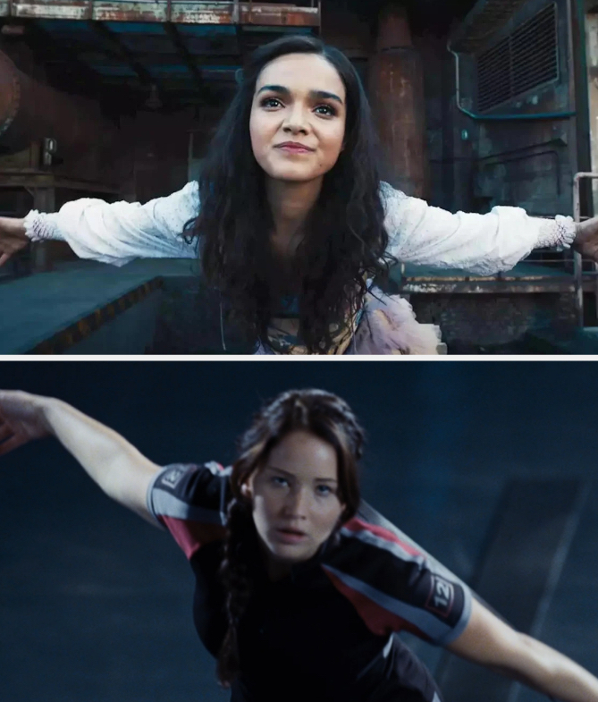 Side-by-sides of Lucy Gray and Katniss bowing