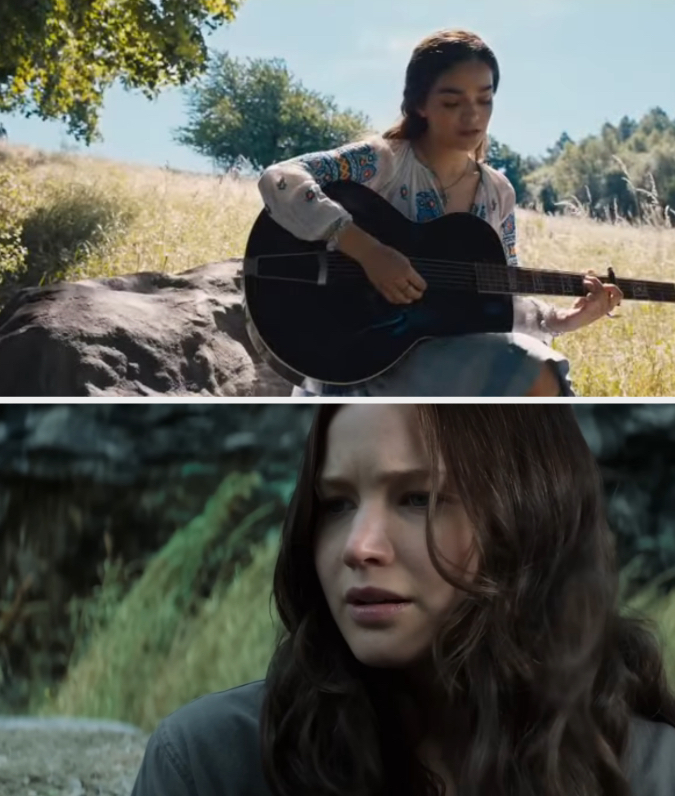 Side-by-side of Lucy Gray and Katniss