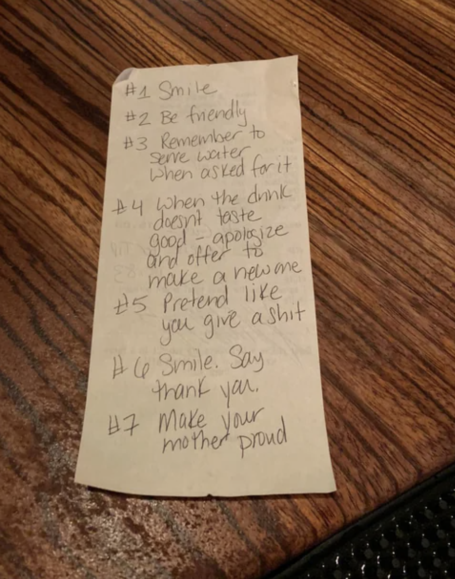 Serving instructions on the back of a receipt