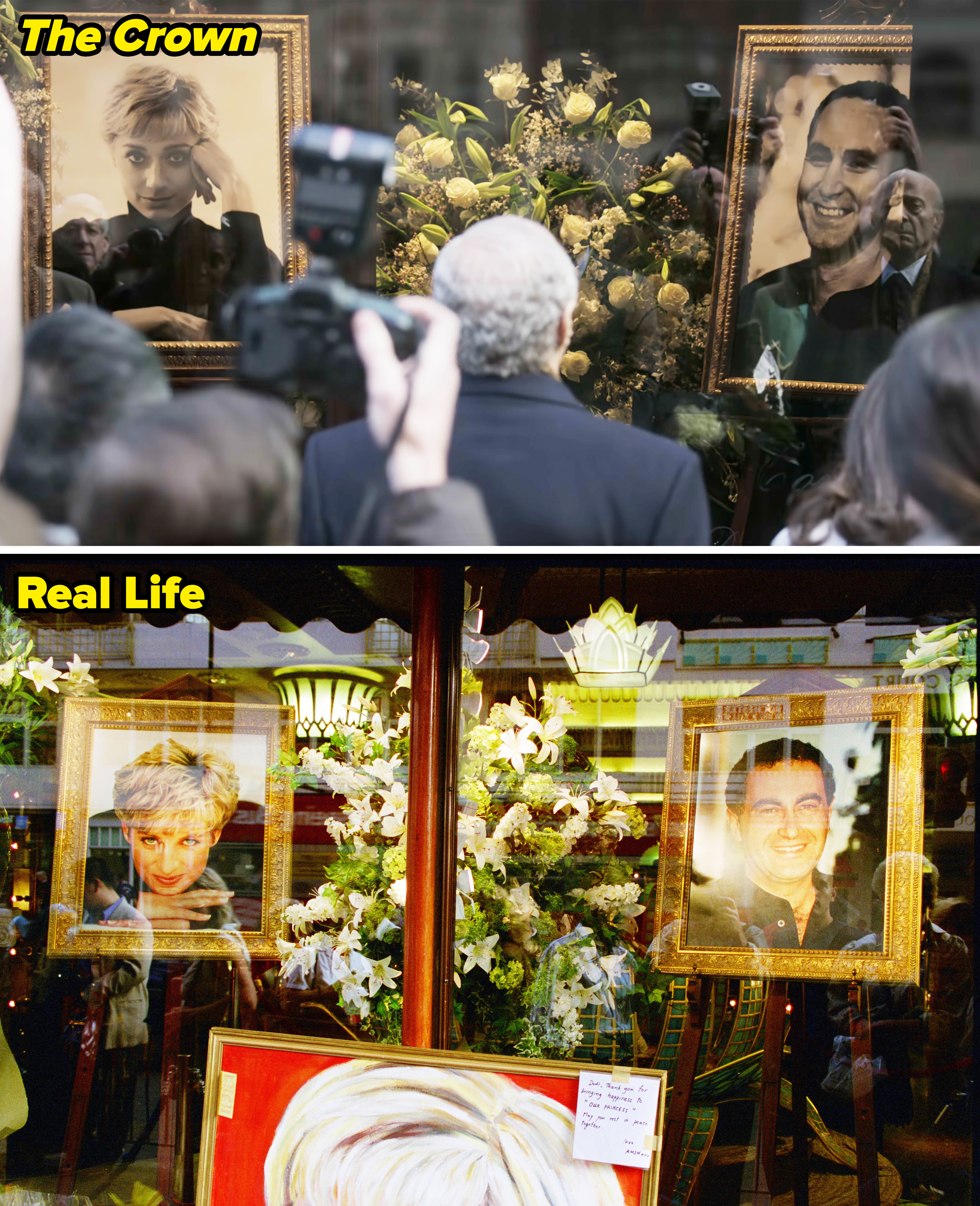 Side-by-sides of memorials for Diana and Dodi