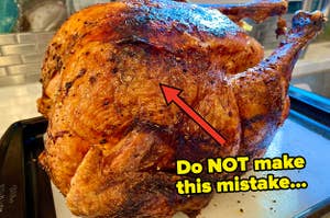 massive round turkey on a cutting board with text saying do not make this mistake