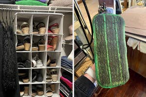 a closet organizer with shoes in each of its compartments; a dirty reusable mop head