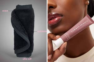 side by side photos of a makeup -erasing microfiber towel and a model holing a tube of tinted lip butter