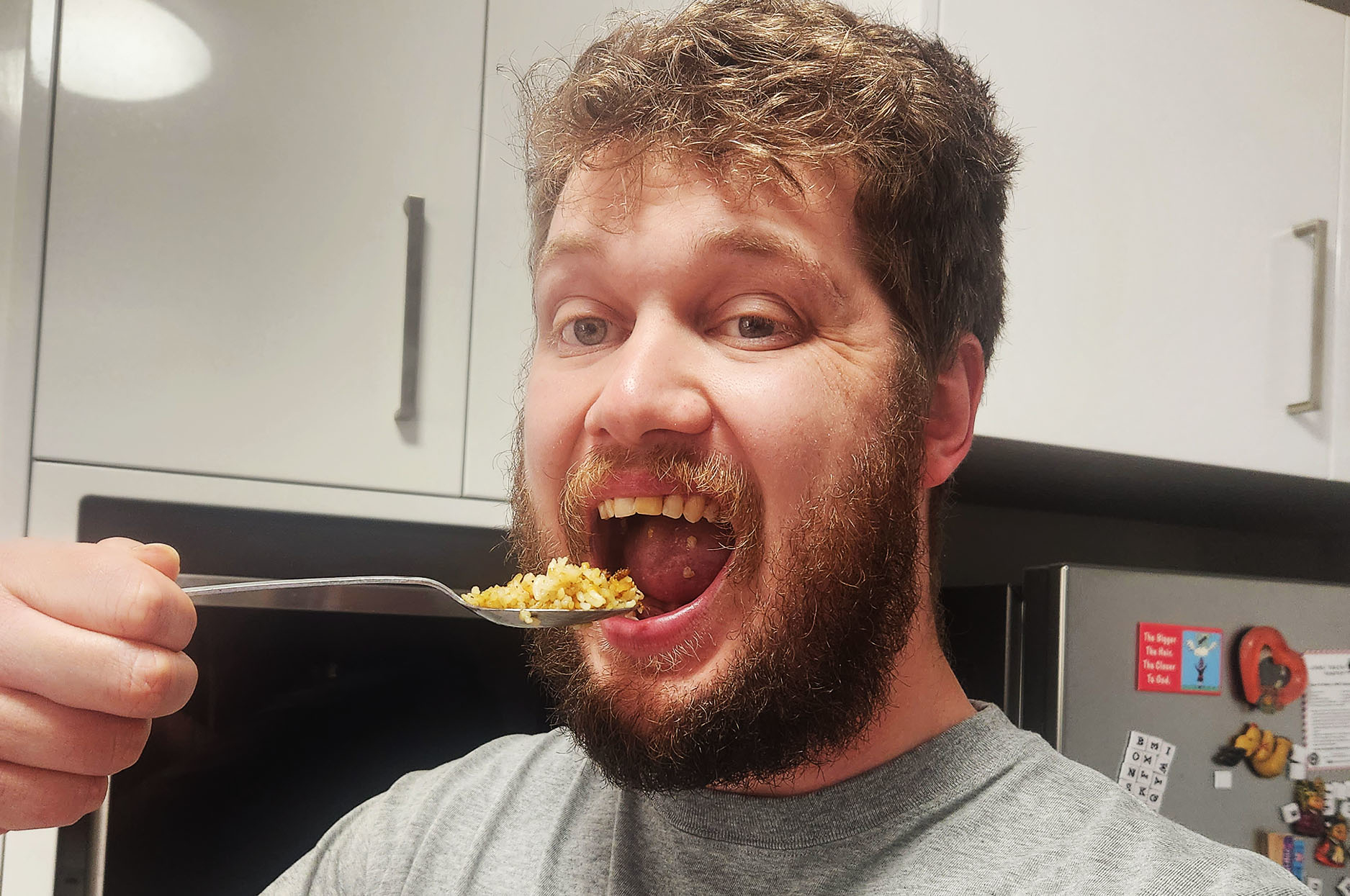 Joel Burrows eating mealworm fried rice