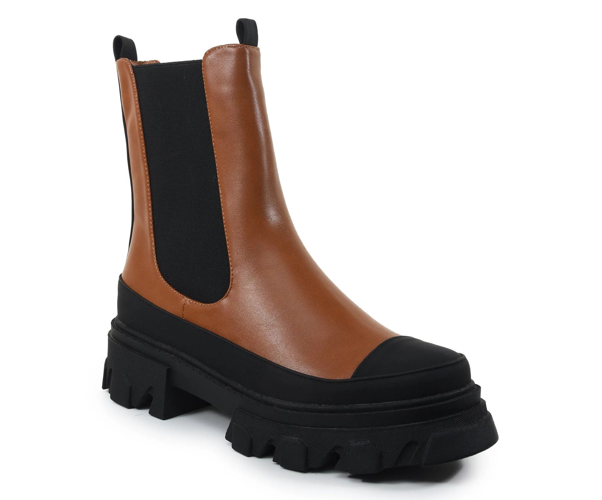 The boot in brown, with double pull tabs, elasticated sides, reinforced toe and sides, and a lug sole