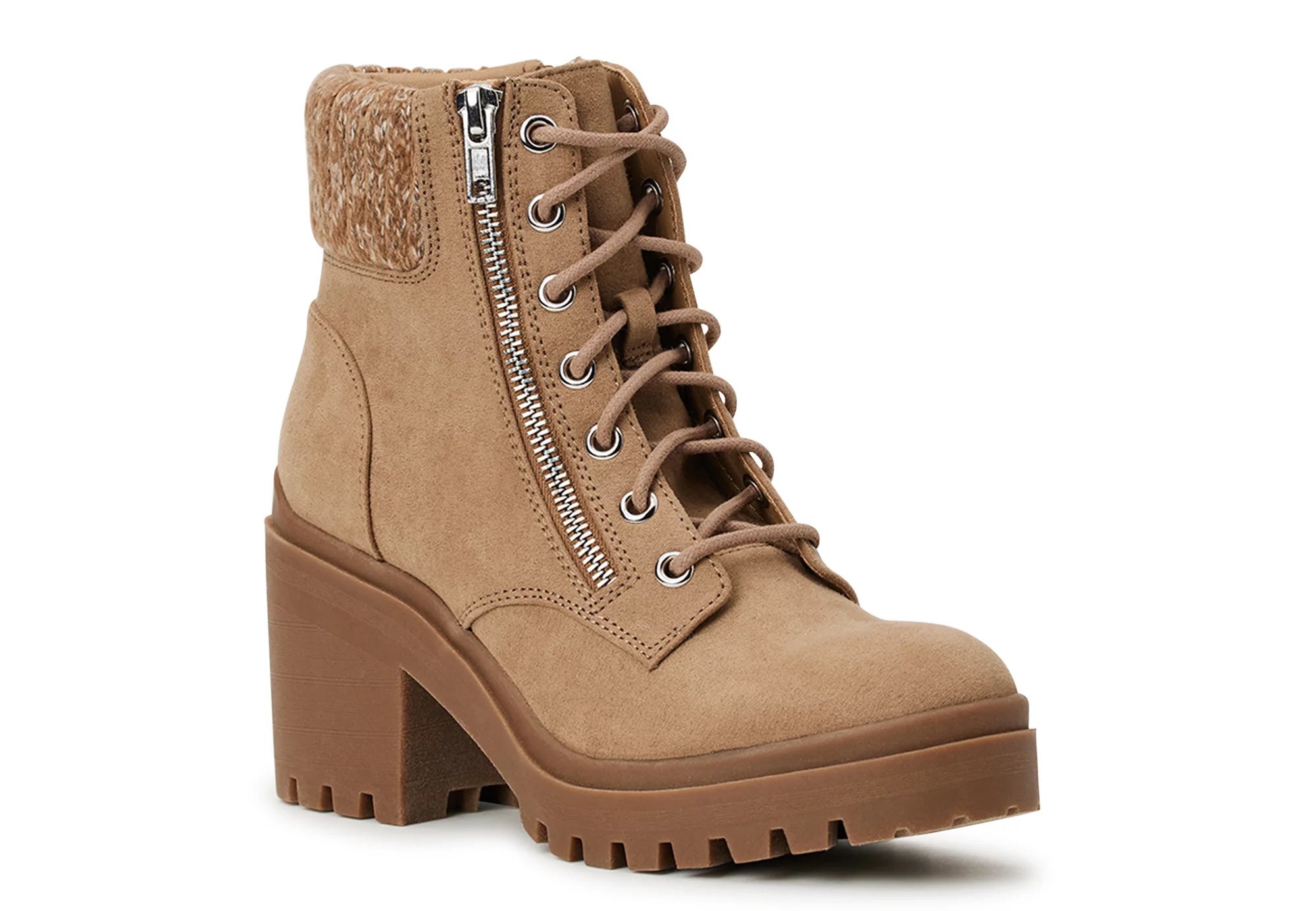 The taupe lace-up boot with a zipper accent and a sweater knit collar, set on a block heel and a thick lug sole