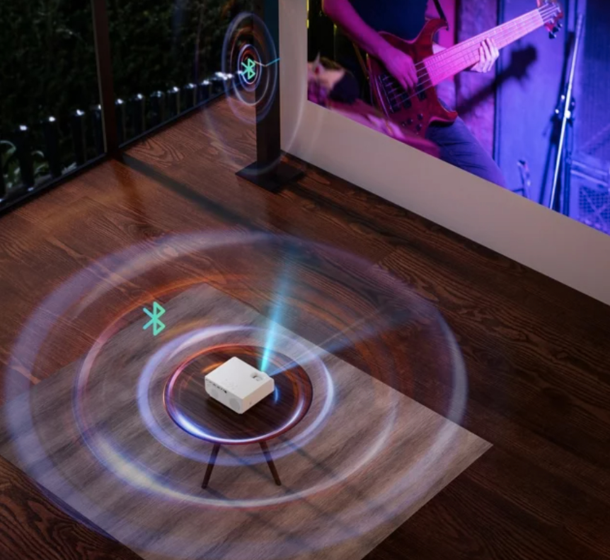 a projector in a living room showing its bluetooth capabilities
