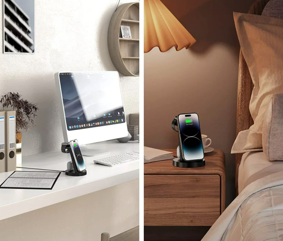 a split screen of a charging dock on a desk and on a bedside table